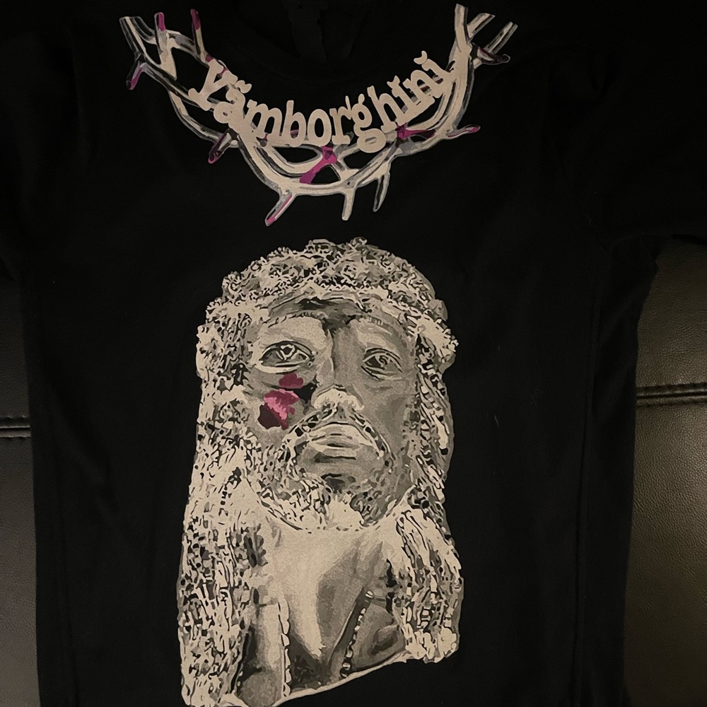 VLONE Black Graphic Tee with Silver and Pink Accents